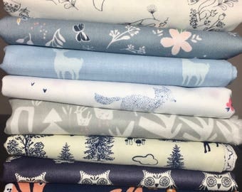 Woodland Critters Custom Curated Fat Quarter Bundle ~ Blue, Grey and Navy Fabric Bundle ~ Woodland Animal Fabric ~ Weave & Woven