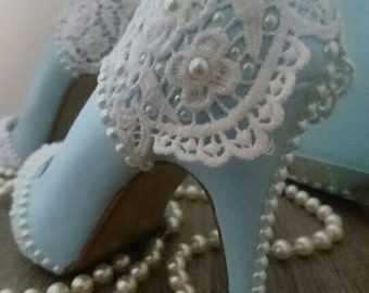 Sky blue pearl & lace wedding shoes