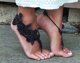 BLACK Barefoot Sandels LISA Dark Goth Wedding Sequins Beads Lace Spats Shoe Decoration Prom High Heels Slave Anklet Foot Jewlery Fetish Wear