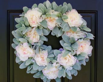 Lamb's Ear Wreath, Peony Wreath, Wedding Wreath, Pink Peony Wreath, Spring Wreath, Summer Wreath, Front Door Wreath, Wreath