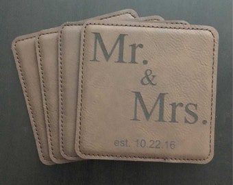 Leather Mr. & Mrs. Coasters, Add your Special Date, Choice of Colors, Set of 4, Wedding, Engagement, Housewarming, Gift, Special Occasion