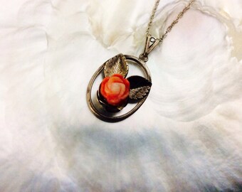 Silver Necklace & Coral Rose//Gift for Her