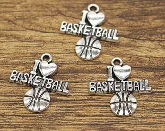 20pcs I love Basketball Charms Team Sports Charms Antique Silver Tone 20x22mm cf1796