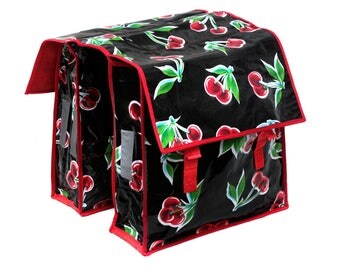 vintage bicycle bag- saddle bag - doble pocket - bike panniers from oilcloth, waterproof, retro look