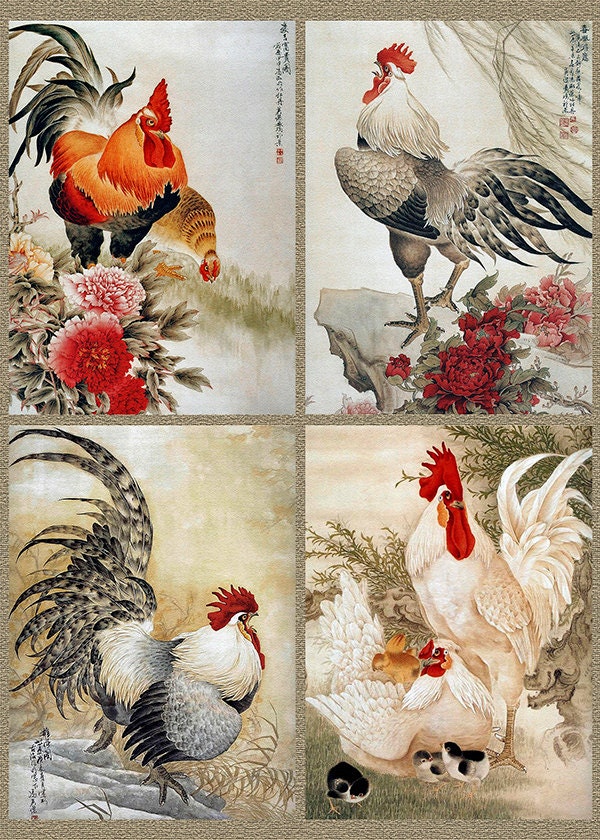 Vintage Chinese Rooster Art. Fire Red Rooster. Chinese New