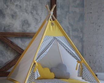 Kids teepee yellow gray - Play tent - Playhouse - Kids gift - Baby gift - Childrens gift - Boys play tent - Nursery decor
