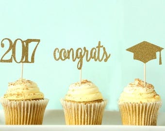 Graduation Cupcake Toppers - 2017 Cupcake Toppers - Congrats Cupcake Toppers - Graduation Cap Cupcake Toppers - Graduation Party Decor