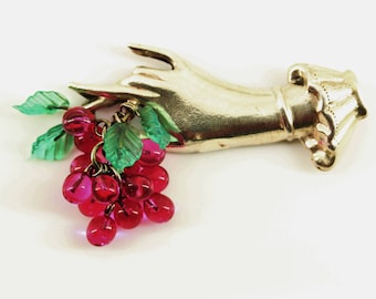 1940s Coro Sterling Silver Lucite Grapes Brooch Pin - Fine Estate Jewelry - Rare Vintage Coro Grape Pins, Coro Jewelry, Figural Hand Brooch