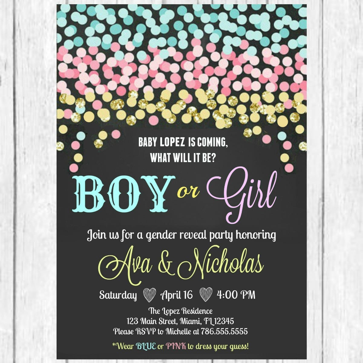 Blue Pink Gold Confetti Gender Reveal Invitation Confetti