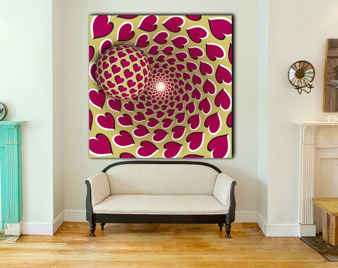 Large love optical illusion print, hearts optical illusion wall art, optical illusion canvas wall art, contemporary art, psychedelic art