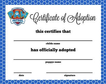 Paw Patrol Puppy Adoption Certificate