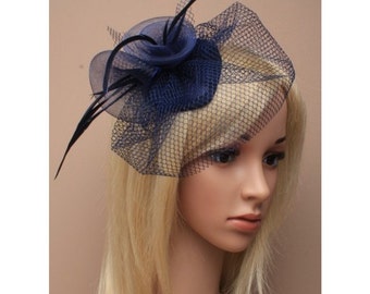 Navy Blue teardrop cap with Navy Blue veil, coiled flowers & feathers. Wedding Hat, Navy Blue Fascinator, Church Hat, Navy Blue Hatinator