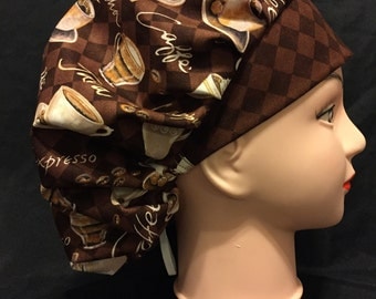 COFFEE Women's Surgical Scrub Hat Bouffant fits ponytail, Chemo Cap, Nurse Cap, Scrub Cap