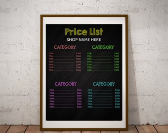 EDITABLE | Chalkboard Price List | Includes 2 Sizes | 16" x 20" | 8.5" x 11"