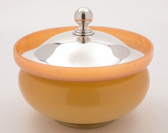 Peach Glass Powder Bowl with Silver Lid, Birmingham 1919