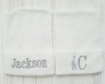 Newborn Boy Personalized Hospital Hats- boy hospital hat, baby boy hat, grey and white baby, baby boy beanie, boy newborn hat, newborn boy