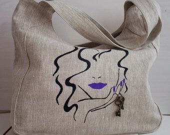 Neutral Linen Bag with handdrawed patterns