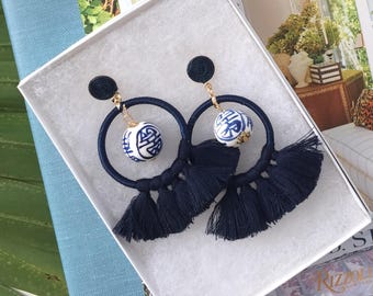 The "Rio": Ultra-Light Blue and White "Ginger Jar" inspired Beaded Tassel Earrings (Ships End of July)