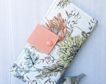Peach Blue floral Womens wallet, fabric bifold wallet, handmade wallet, card wallet, slim clutch wallet, checkbook wallet, womans gift idea