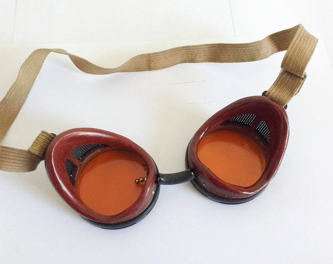 Vintage riding goggles, mid-century bakelite driving goggles, welding safety goggles /w orange lenses, Mad Max industrial steampunk glasses