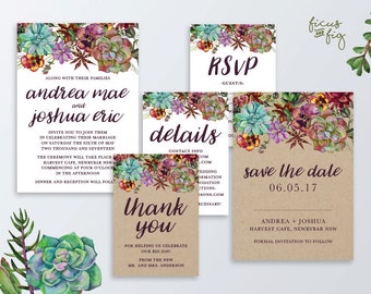 Printable Wedding Invitation Set, Kraft wedding invitation, Australian Native Wedding invite, Succulent,Rustic, Save the Date,Native flowers