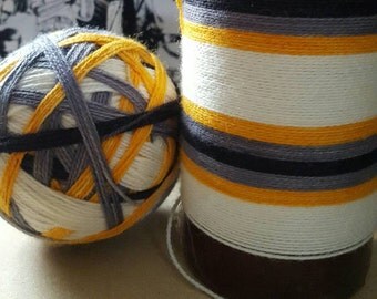 Hand Dyed Self Striping Sock Yarn ~ Little Droid ~White, orange,silver,black stripes