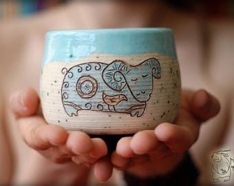 Ceramic mug with sheep, Blue cup with ram, Gift Pottery teacup, home decor, Unique present, Gift for her, gift for him, mothers gift