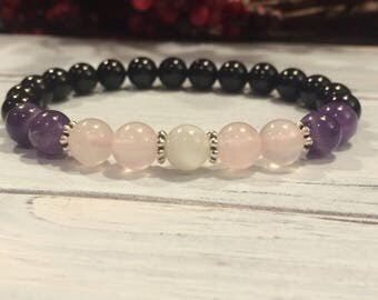 Empath Bracelet, AA Grade Black Tourmaline, Amethyst, Rose Quartz, Moonstone For Protection, Balancing Emotions, Loving Energy, Intuition