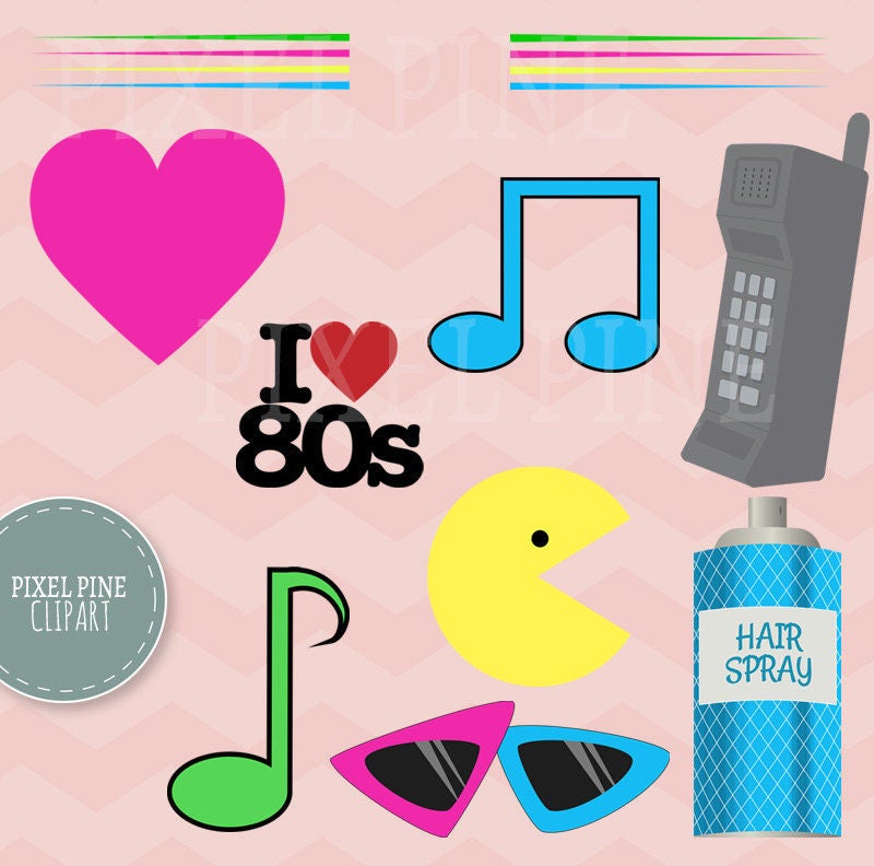 Eighties Clipart Set, 30 PNGs, 5 1980s Disco Digital Paper JPGs ...