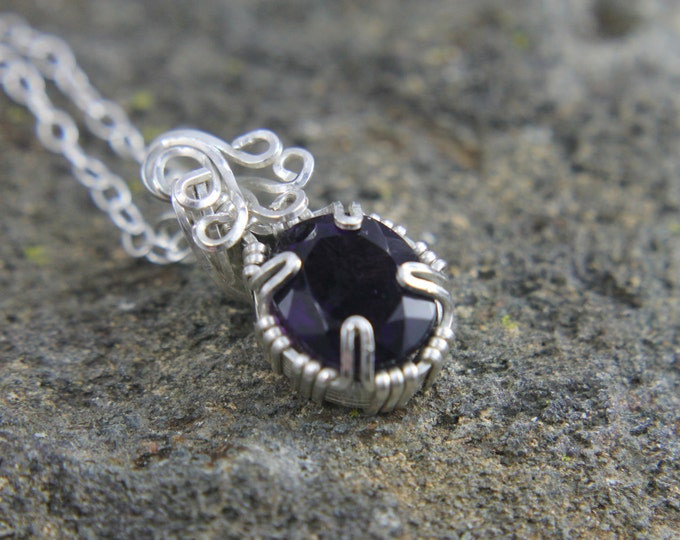 Amethyst Sterling Silver Necklace, Wire Wrap Gemstone Pendant, Faceted Deep Purple Stone, February Birthstone, Amethyst Jewelry