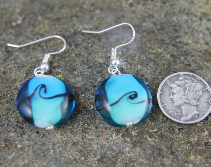 Blue Glass Bead Earrings, Ocean Beach Jewelry, Swirl Wave Design, Simple Minimalist Style, BoHo Earrings, Bohemian Fashion