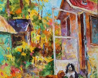 Original oil painting, 2 dogs in front of chalet