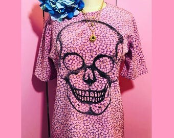 Skull shirt/ FAB 208 NYC/pink skull shirt/skull blouse/overdyed recycled vintage/skull tee
