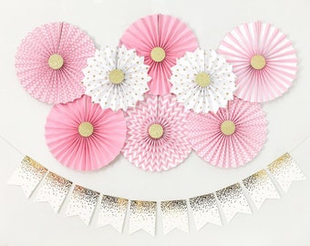 Baby Girl Shower Decorations, Bridal Shower Decorations, Birthday Girl Party Decorations, Pink and Gold Paper Fans