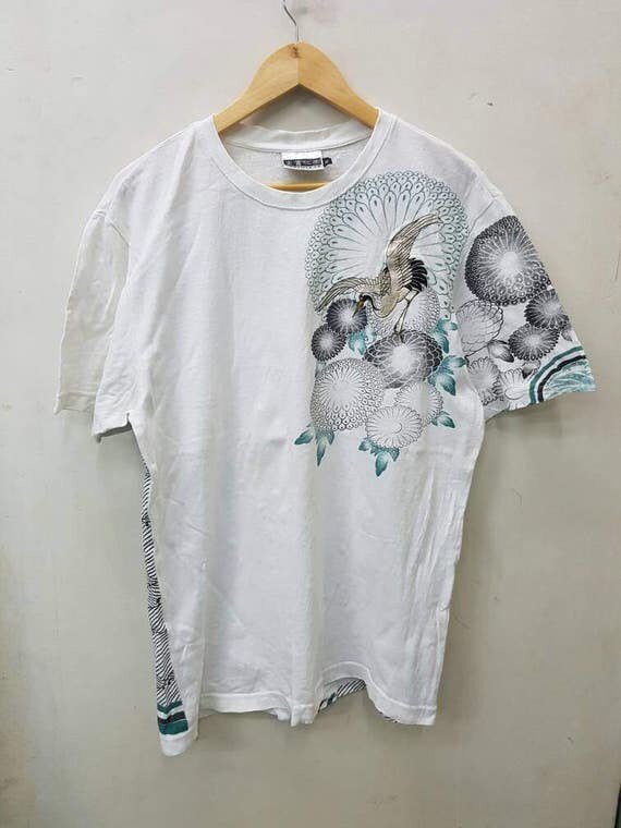 Rare Embroidery T-shirts Japanese Style Birds Allover Print