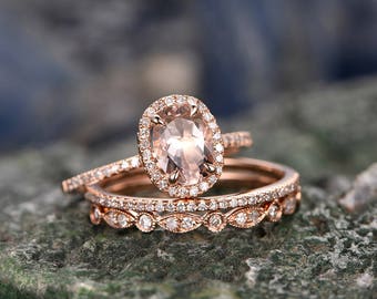 3pcs 6x8mm oval Morganite engagement ring set-Solid 14k Rose gold ring wedding set-Diamond anniversary ring-Rose gold Bridal Ring set-halo