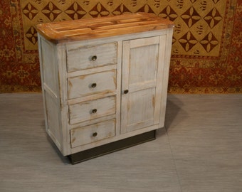 Rustic Distressed Style Solid Wood White Finish Sideboard / Media Cabinet / Kitchen Cabinet / Entry Way Console