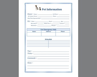 Pet Information Form Printable Worksheet