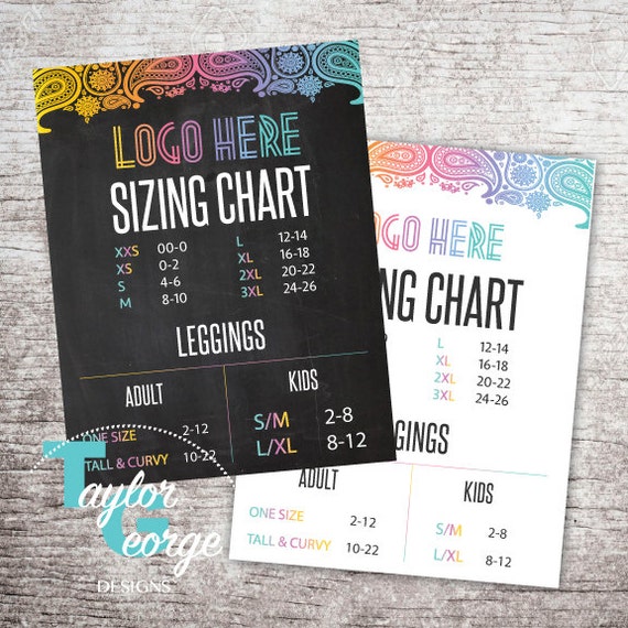 Size Chart Poster 8.5x11 letter Chalkboard & White Paisley