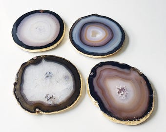 Gilded Agate Drinks Coaster in Grey / Natural with Gold Leaf Edging. Luxury Boho Homewear