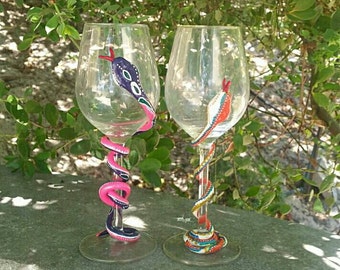 Handpainted Wine Glasses/ Champagne Flutes Coiled Snake/Serpent around glass Dining Entertaining Handmade Expressive Detail Red Gold Green