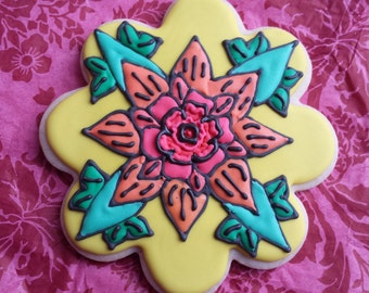 Flower Tatoo inspired Sugar Cookie, Design Floral Tatoo Comic Design Colorful Custom Sugar Cookie