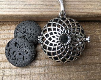 Sunflower Double Sided Locket // Lava Stone Essential Oil Necklace // Aromatherapy Necklace//With a Choice of Essential Oil (12 Variety)