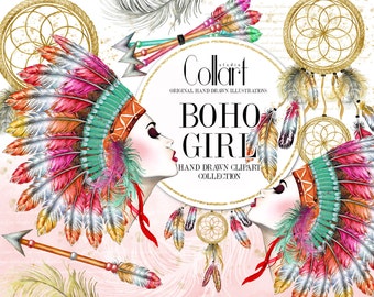 Tribal Clipart, Bohemian Clip Art, Native American, Fashion Illustration, Watercolor Clipart, Hand Drawn Clip Art, Dreamcatcher Feathers