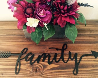 Family Script Metal Sign, Family Wall Hanging with Arrow Detail, Gallery Wall Decor, Cursive Metal Cut Out