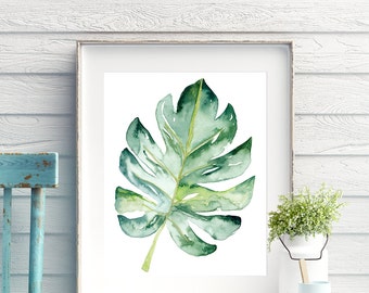 Monstera leaf botanical wall art print, Tropical monstera deliciosa printable wall art poster in watercolour, Large botanical poster digital