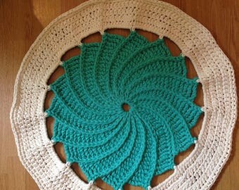 Handmade Crochet Round Rug Turquoise&white