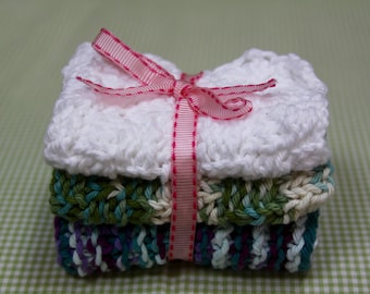 Knit Dish Cloths, White/Green/Blue Multi