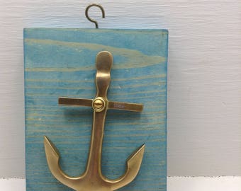 Rare Vintage Estate Mid Century Folk Art Brass Anchor Nautical Decor Marine Ocean Blue