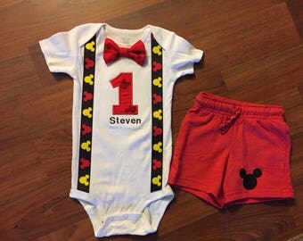 SALE!! Mickey mouse inspired 1st birthday boy shorts outfit, 1st birthday boy outfit, Baby boy first birthday outfit, Mickey smash cake, dis